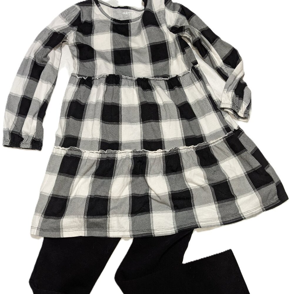 2 Pc Girls' Outfit Black & White Plaid Dress &  Black Pants Sz 8 10